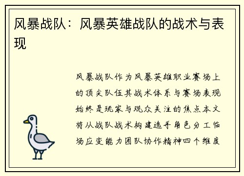 风暴战队：风暴英雄战队的战术与表现