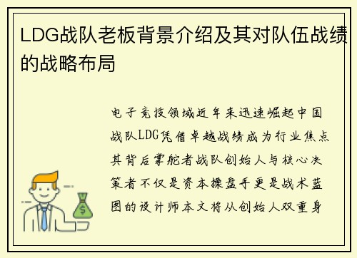 LDG战队老板背景介绍及其对队伍战绩的战略布局